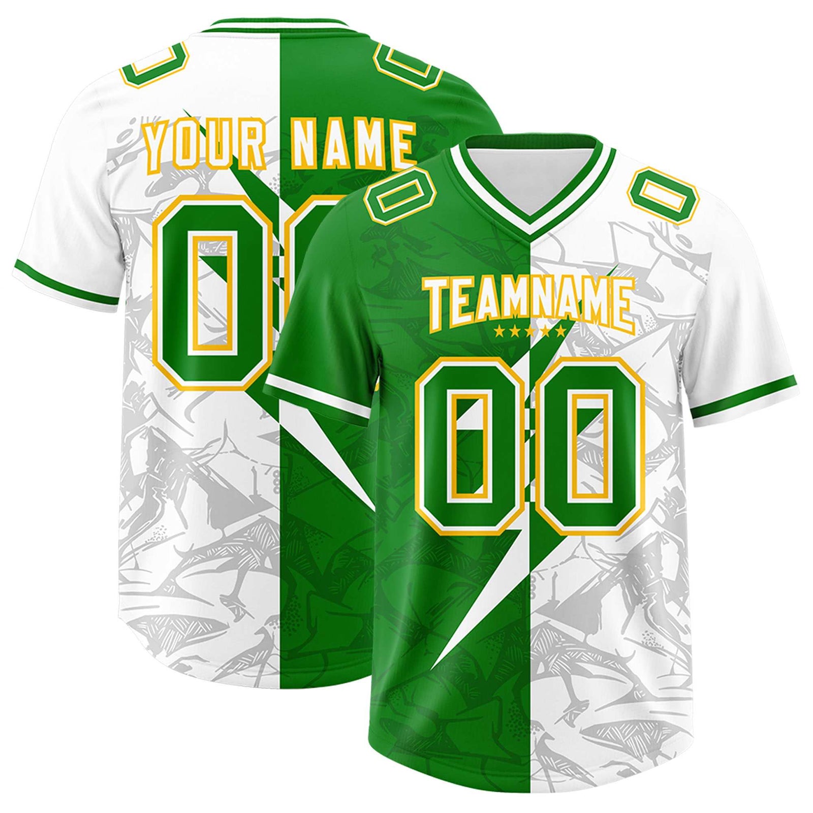 Custom Kelly Green White Split Personalized Lightning Pattern Football Jersey