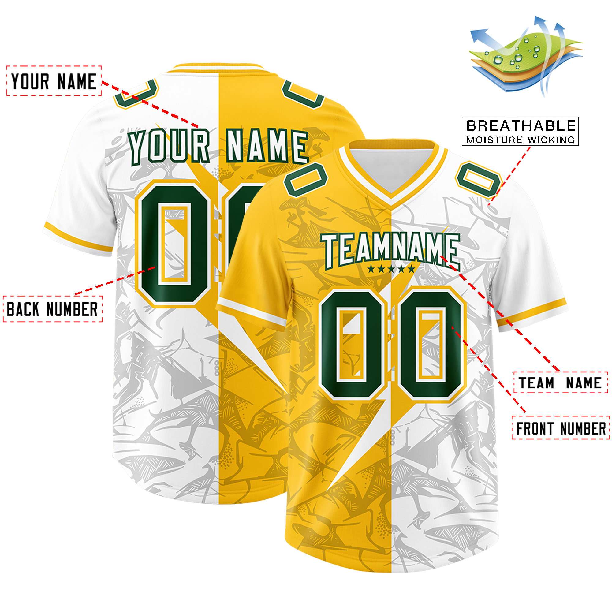 Custom Yellow White Split Personalized Lightning Pattern Football Jersey