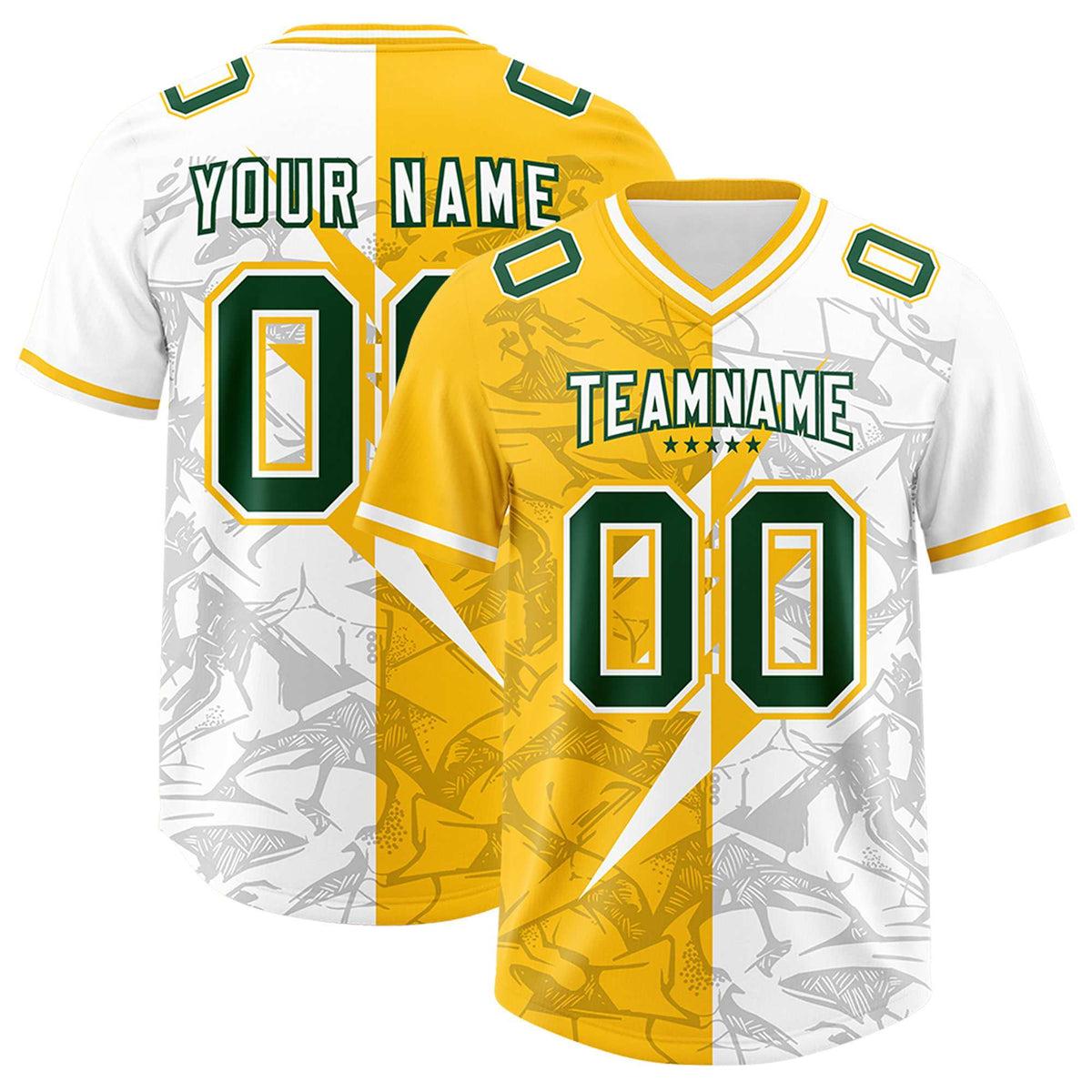 Custom Yellow White Split Personalized Lightning Pattern Football Jersey