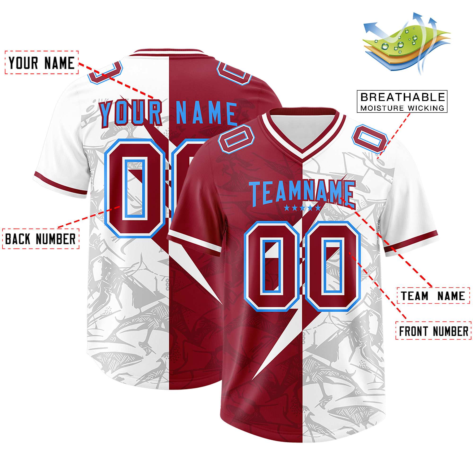 Custom Cardinal White Split Personalized Lightning Pattern Football Jersey