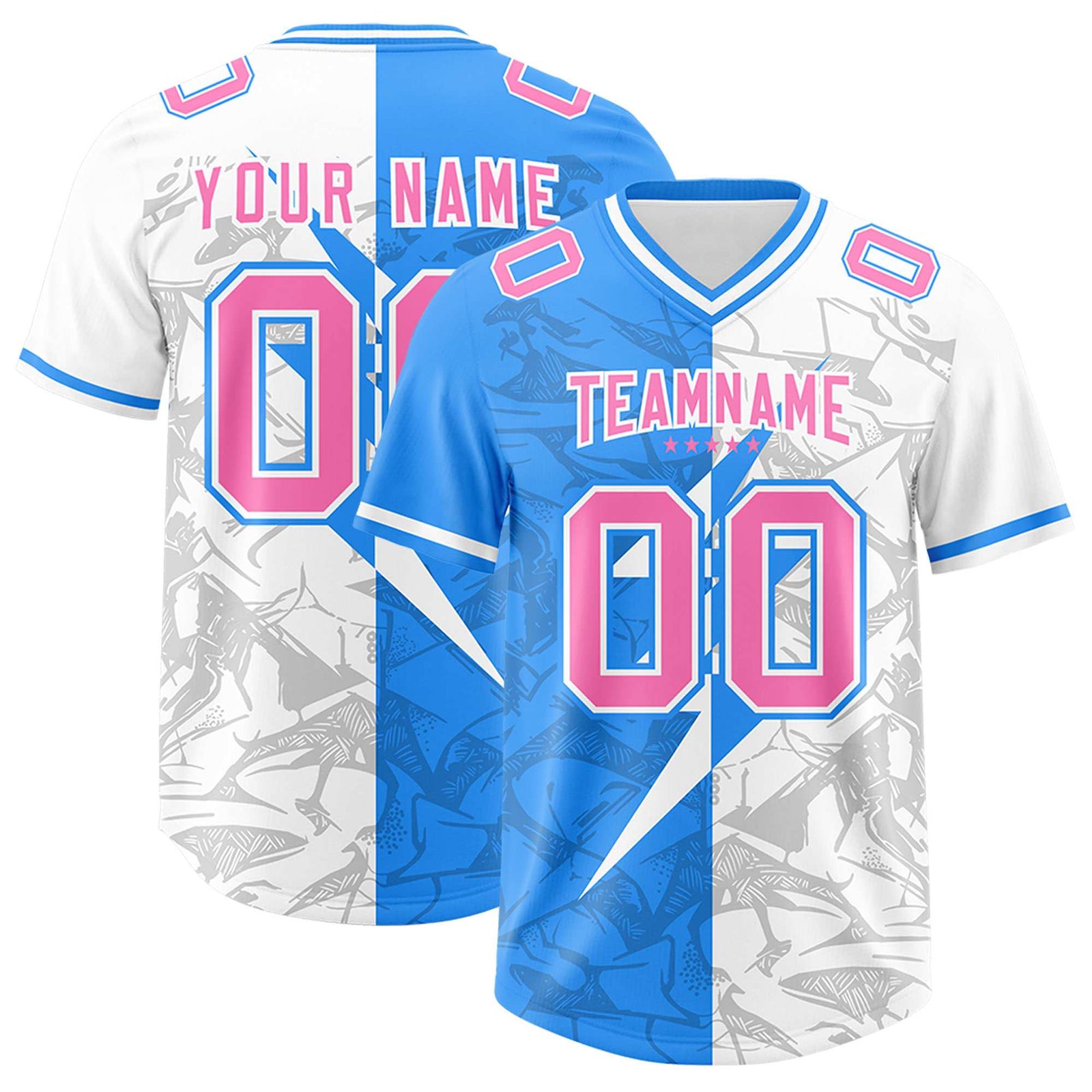 Custom Light Blue White Split Personalized Lightning Pattern Football Jersey