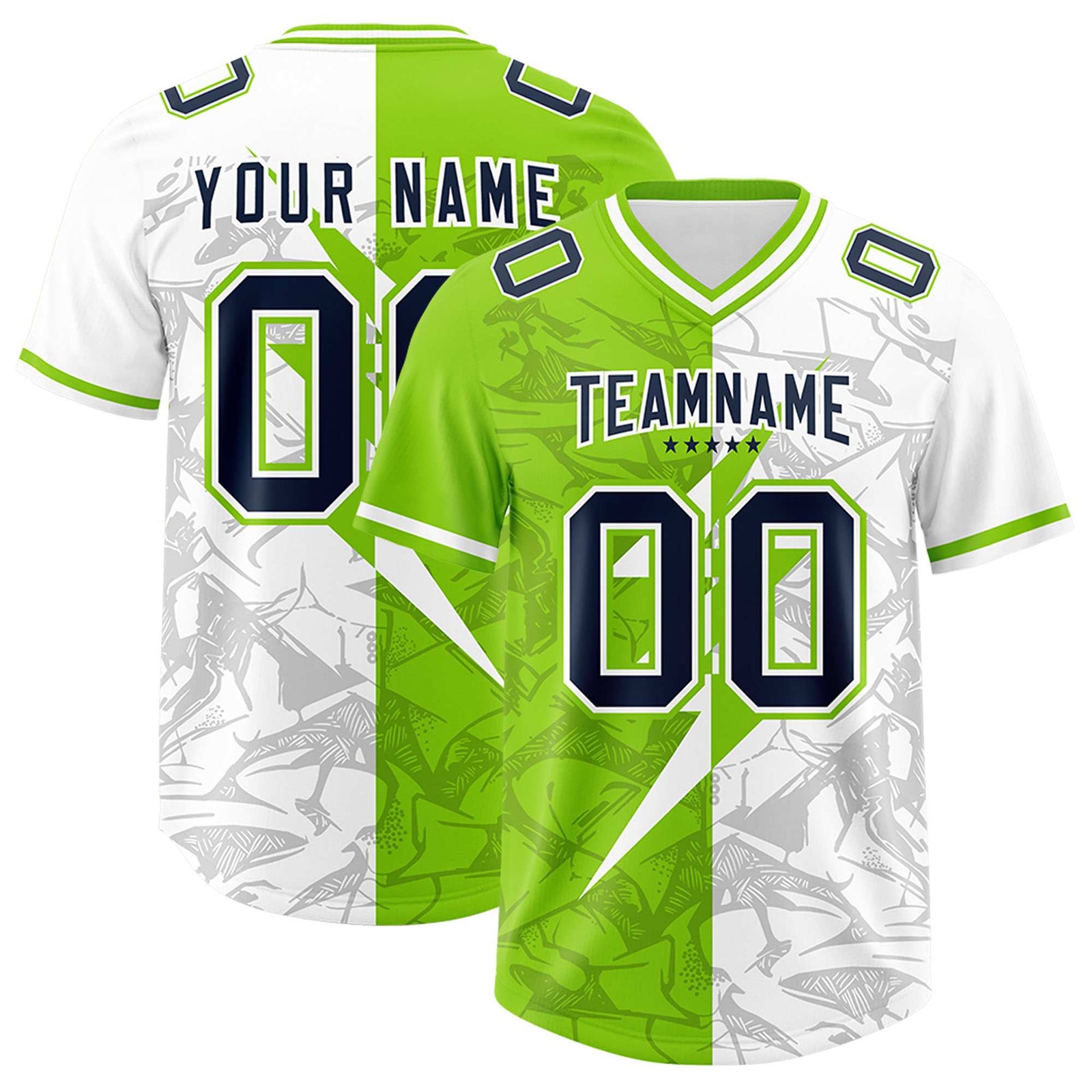 Custom Neon Green White Split Personalized Lightning Pattern Football Jersey