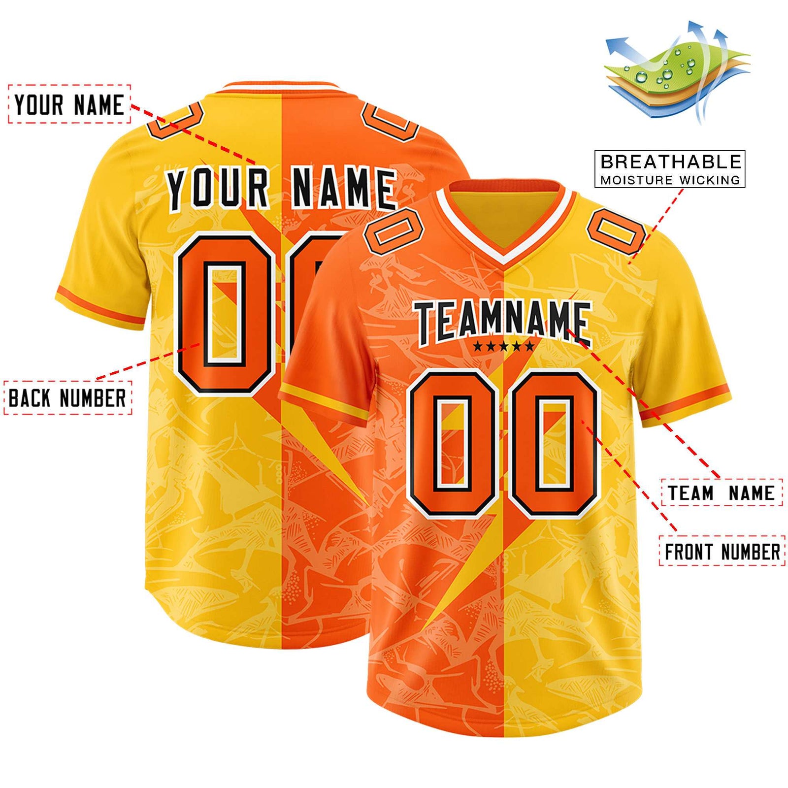 Custom Orange Yellow Split Personalized Lightning Pattern Football Jersey