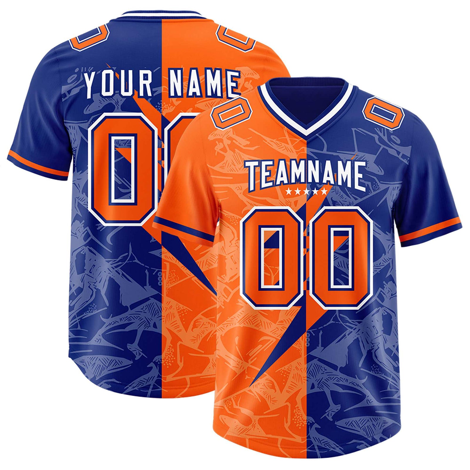 Custom Orange Royal Split Personalized Lightning Pattern Football Jersey