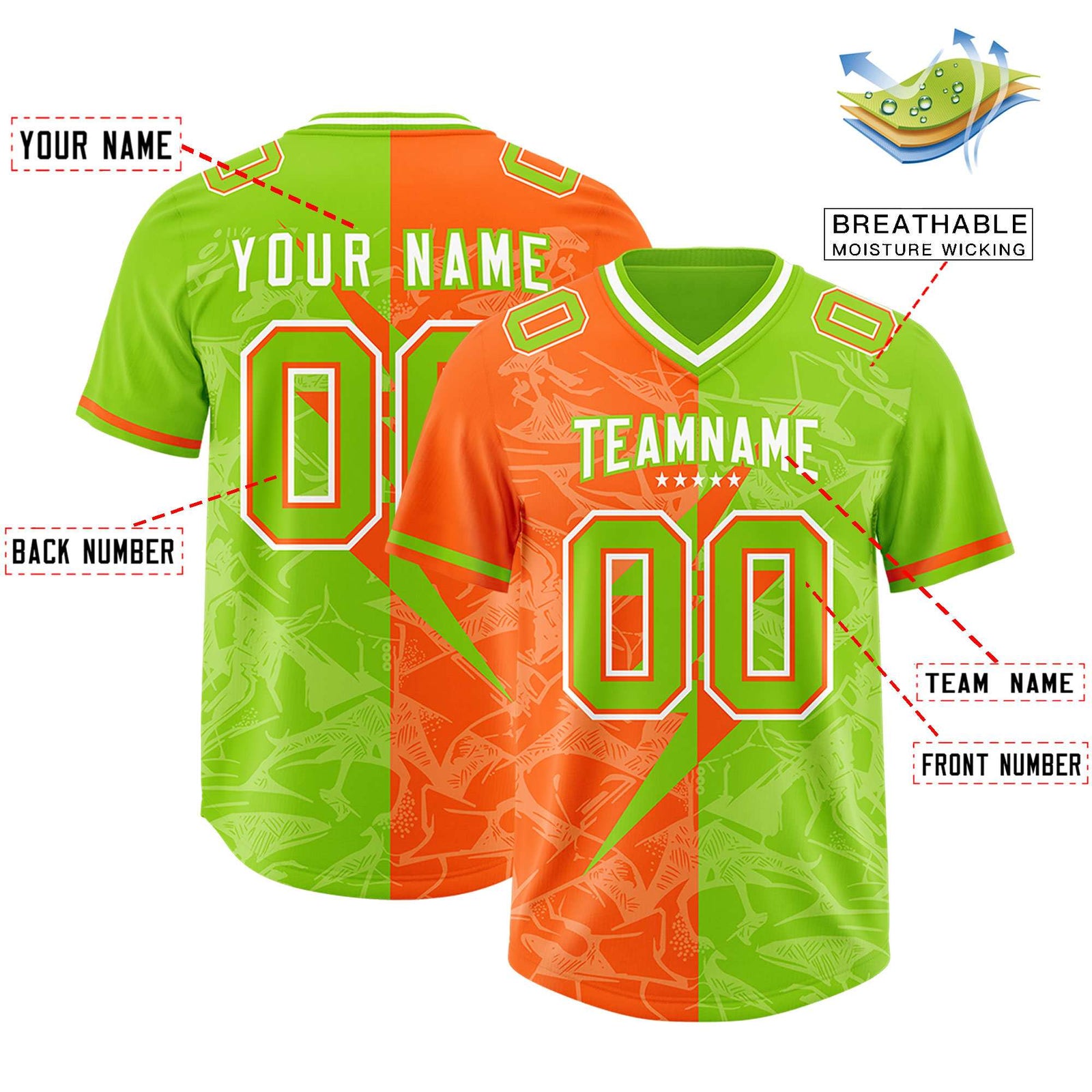 Custom Neon Green Orange Split Personalized Lightning Pattern Football Jersey