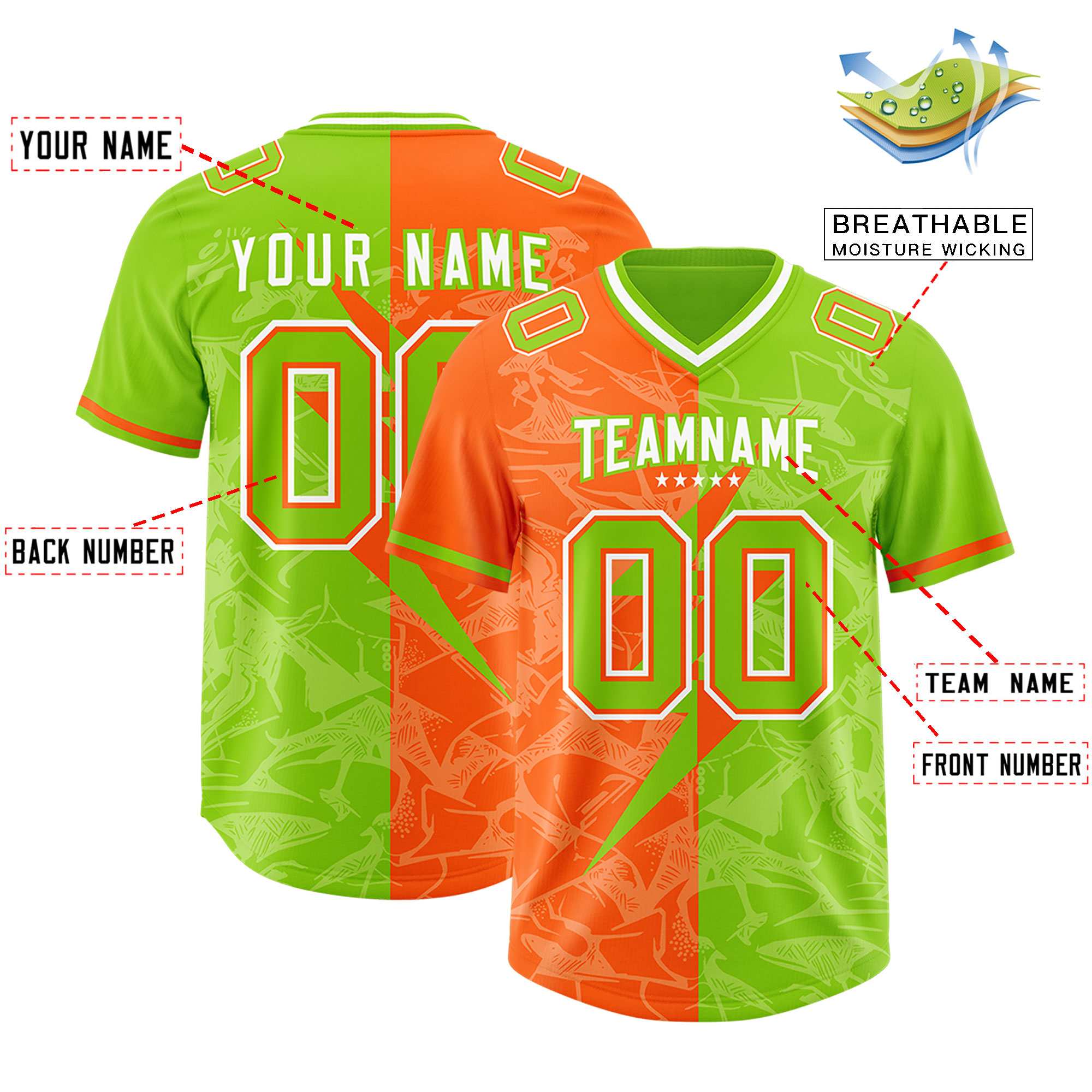 Custom Neon Green Orange Split Personalized Lightning Pattern Football Jersey