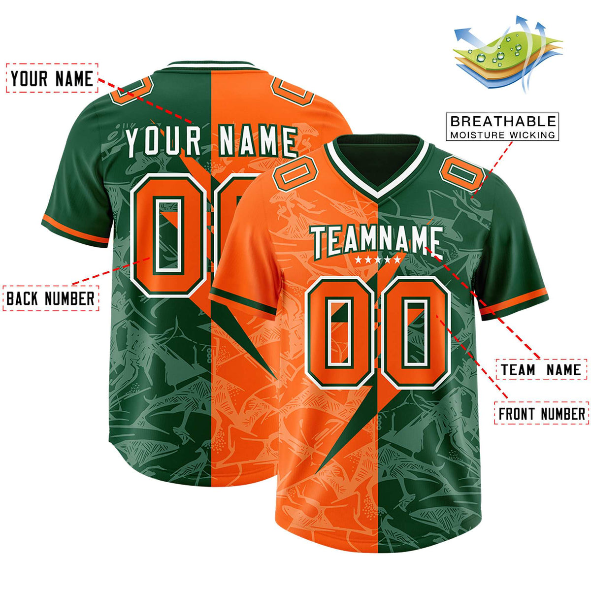 Custom Green Orange Split Personalized Lightning Pattern Football Jersey