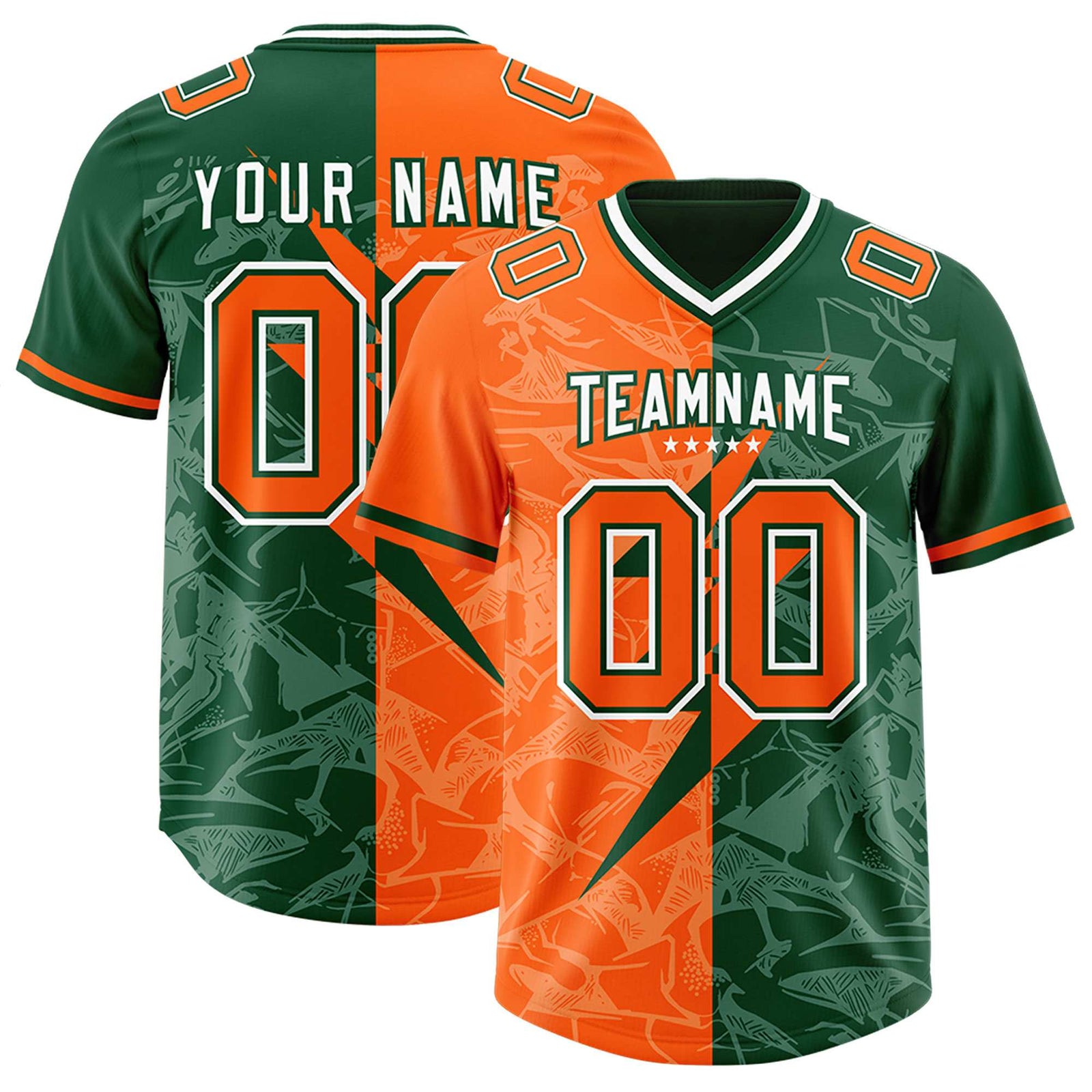 Custom Green Orange Split Personalized Lightning Pattern Football Jersey