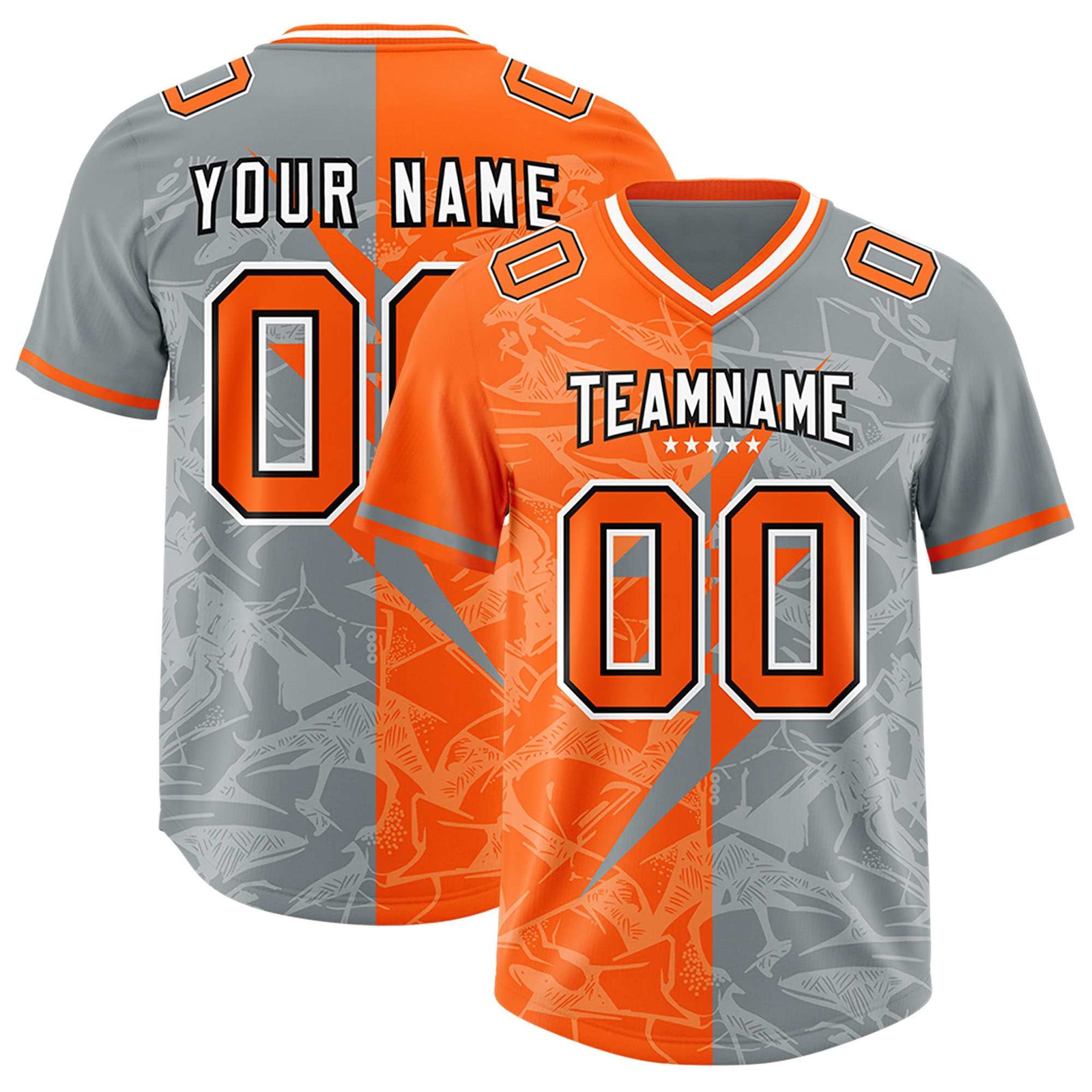 Custom Grey Orange Split Personalized Lightning Pattern Football Jersey