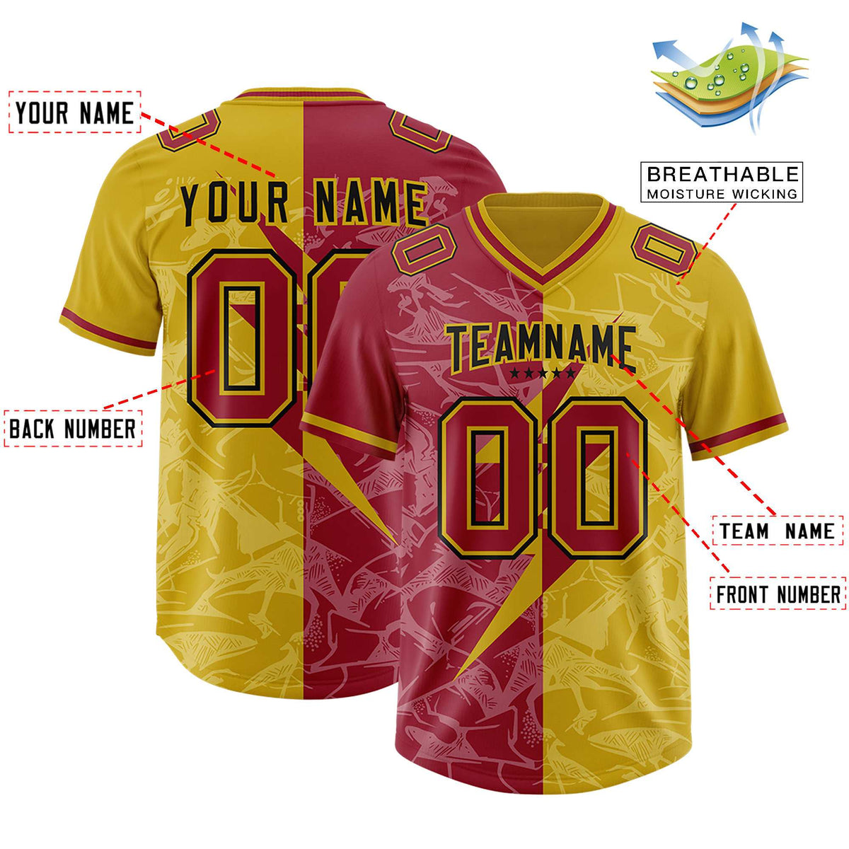 Custom Old Gold Cardinal Split Personalized Lightning Pattern Football Jersey