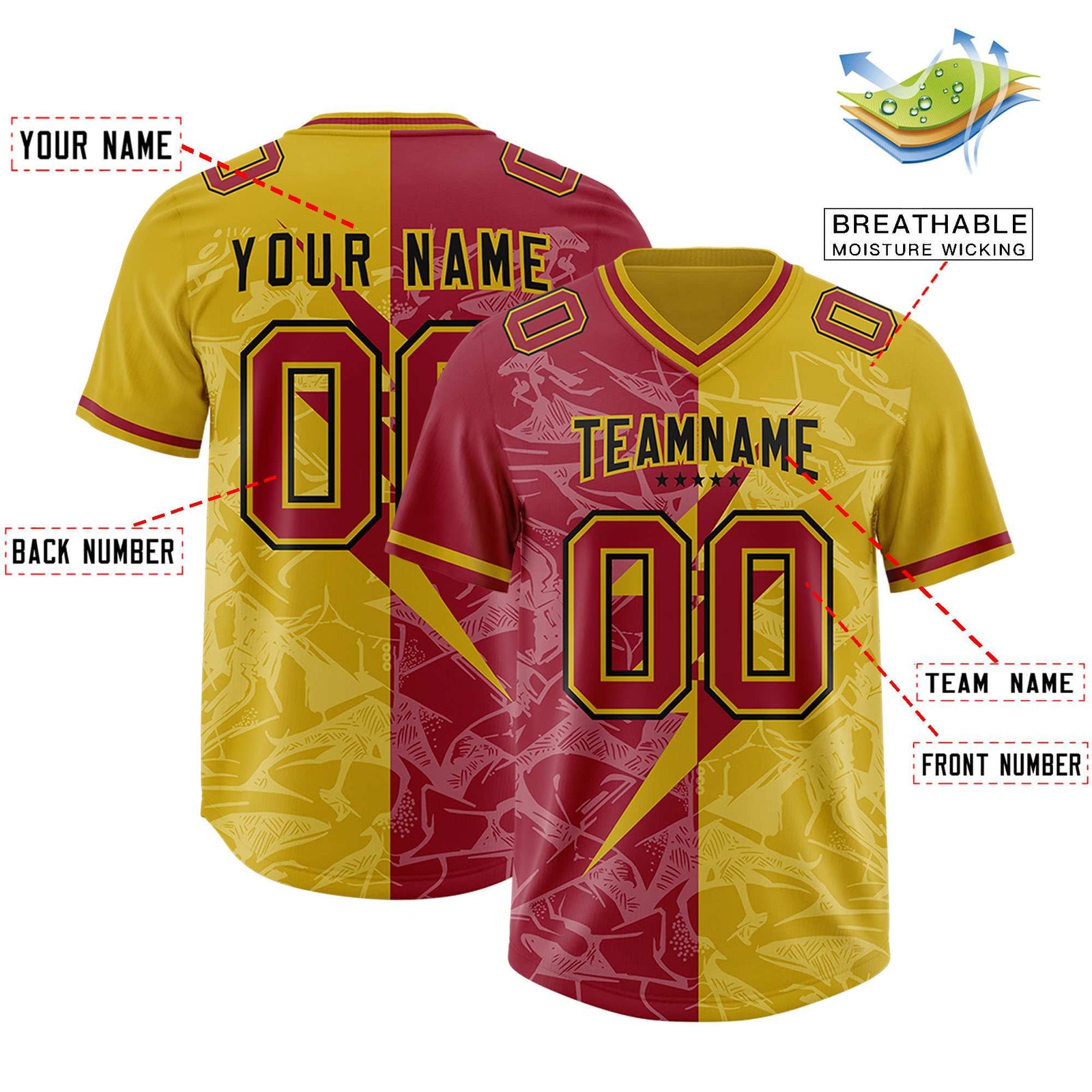 Custom Old Gold Cardinal Split Personalized Lightning Pattern Football Jersey