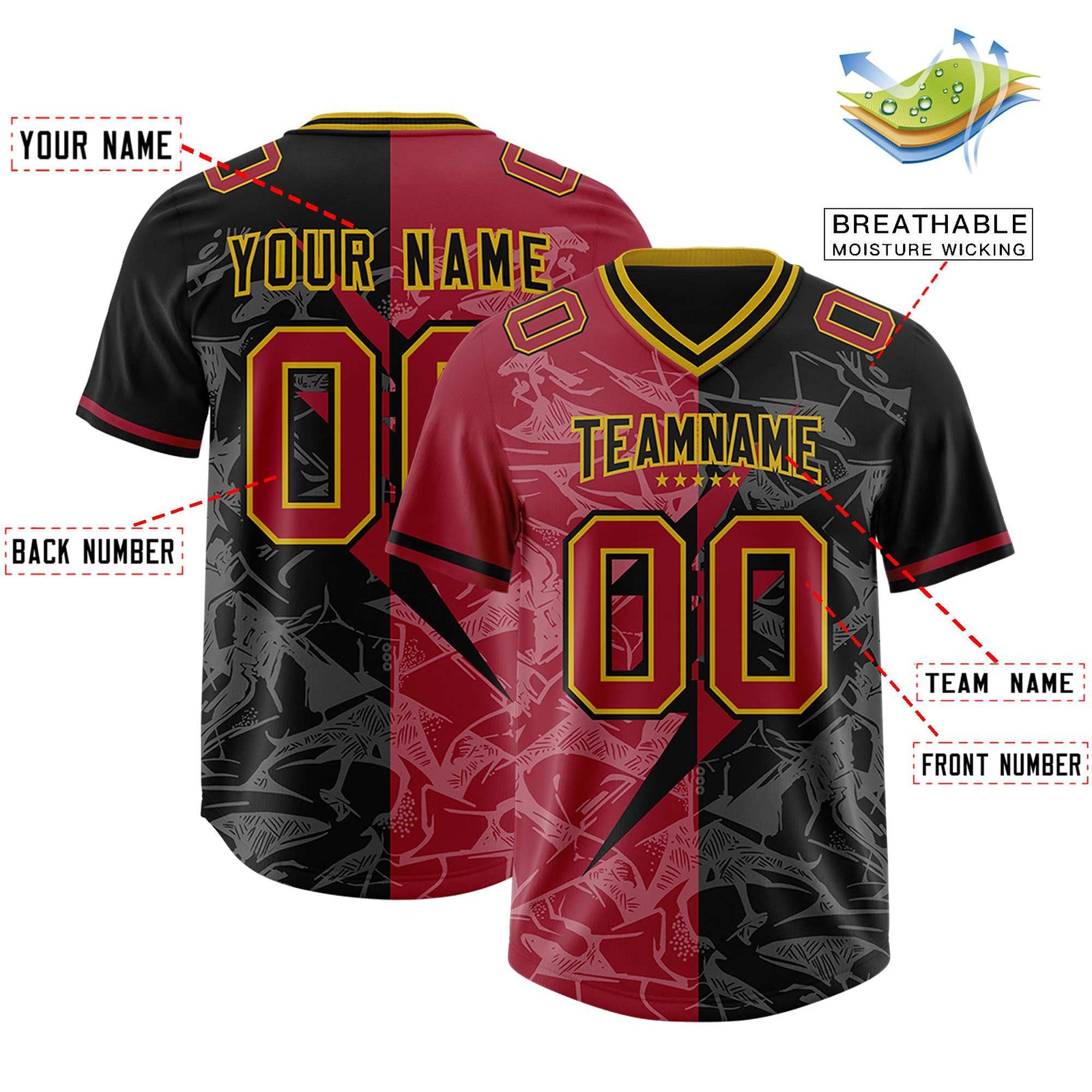 Custom Black Cardinal Split Personalized Lightning Pattern Football Jersey