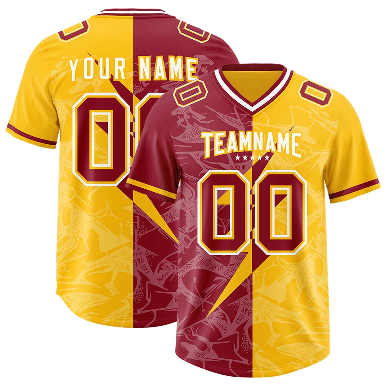 Custom Yellow Cardinal Split Personalized Lightning Pattern Football Jersey