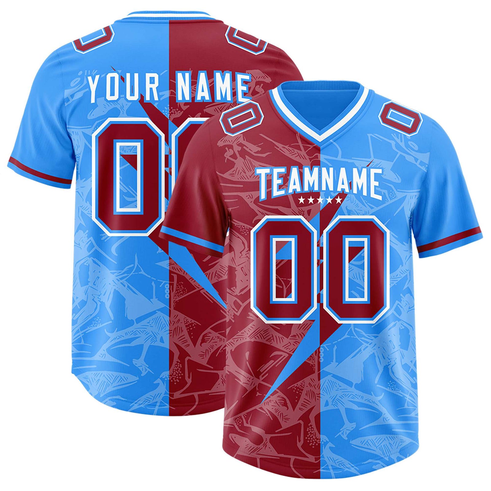 Custom Light Blue Cardinal Split Personalized Lightning Pattern Football Jersey