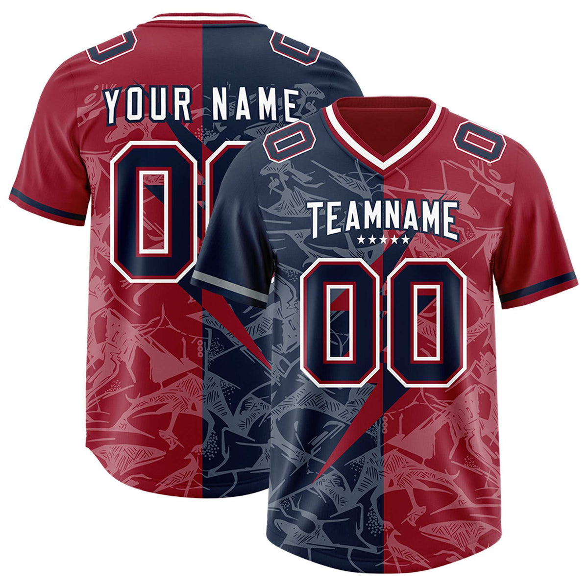 Custom Navy Cardinal Split Personalized Lightning Pattern Football Jersey