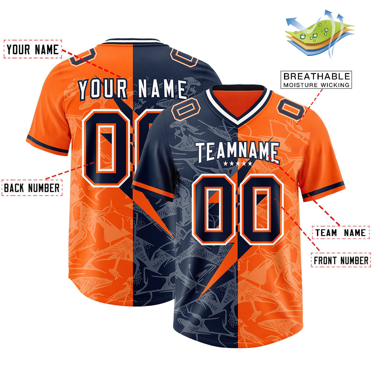 Custom Orange Navy Split Personalized Lightning Pattern Football Jersey
