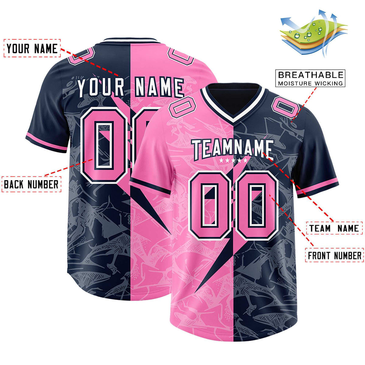 Custom Navy Pink Split Personalized Lightning Pattern Football Jersey