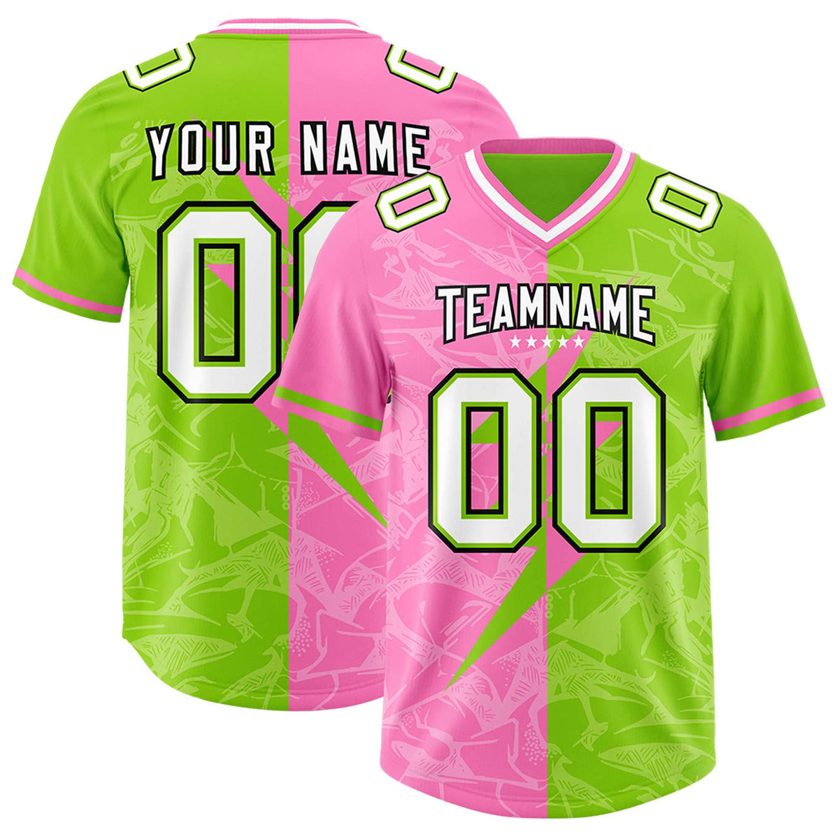 Custom Neon Green Pink Split Personalized Lightning Pattern Football Jersey