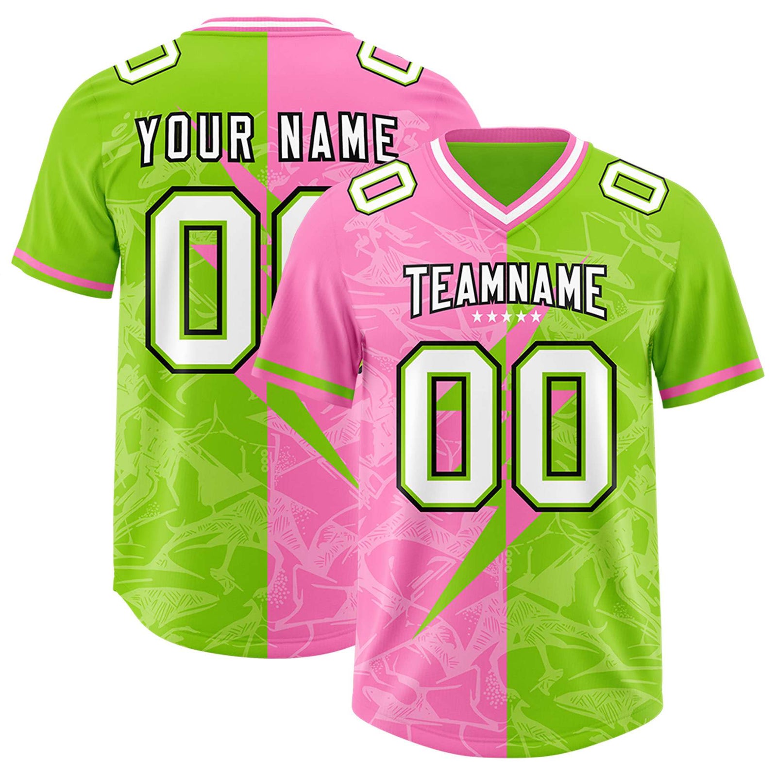 Custom Neon Green Pink Split Personalized Lightning Pattern Football Jersey