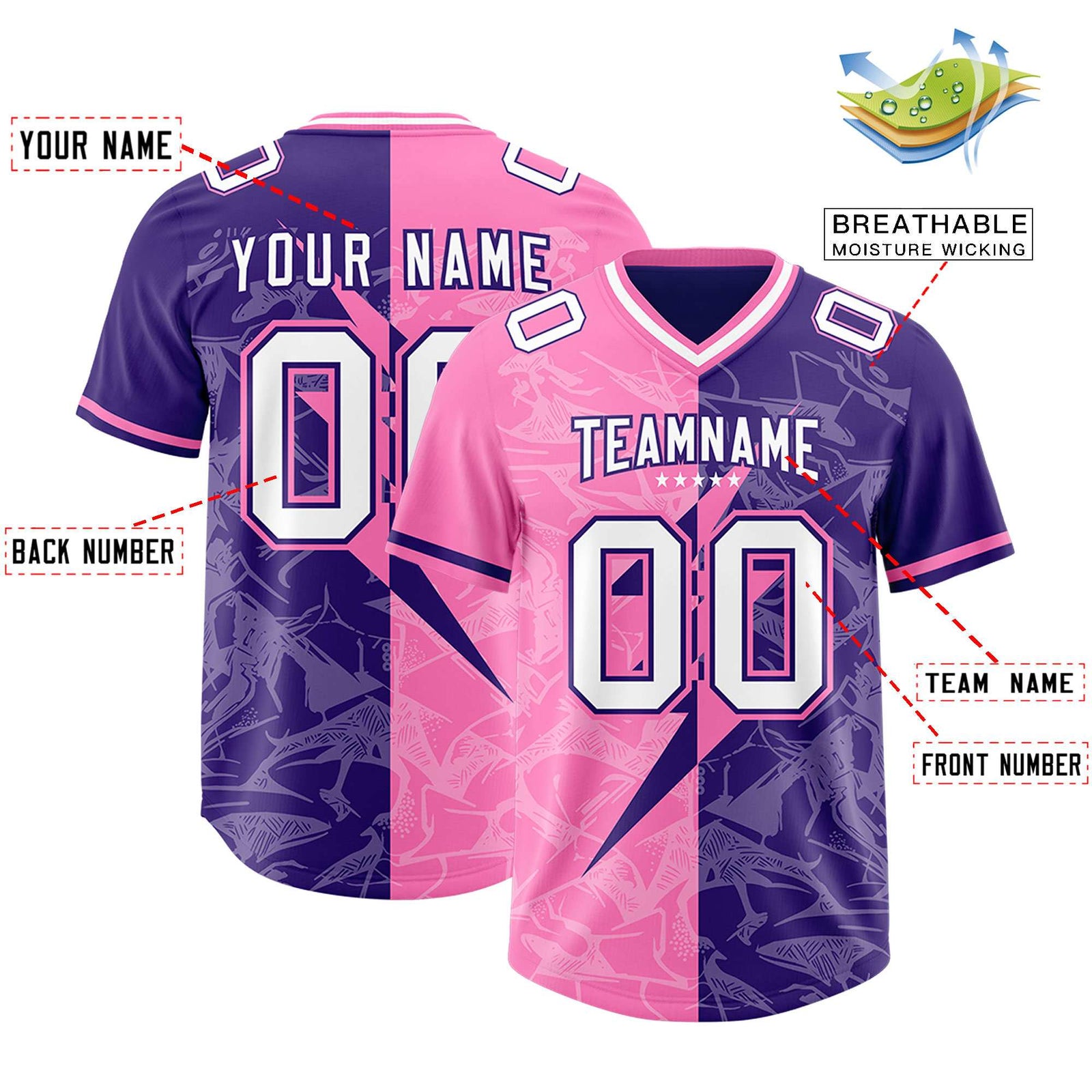 Custom Purple Pink Split Personalized Lightning Pattern Football Jersey