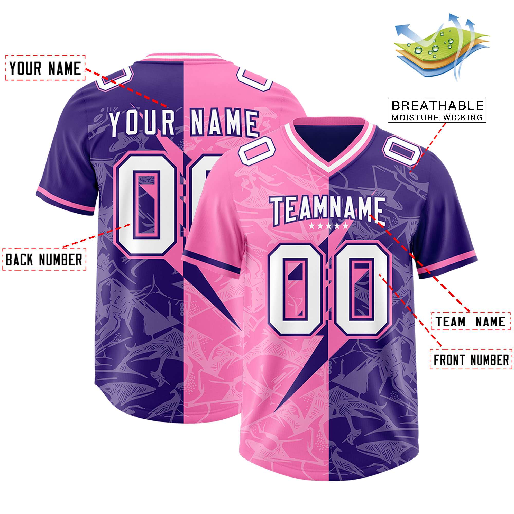Custom Purple Pink Split Personalized Lightning Pattern Football Jersey