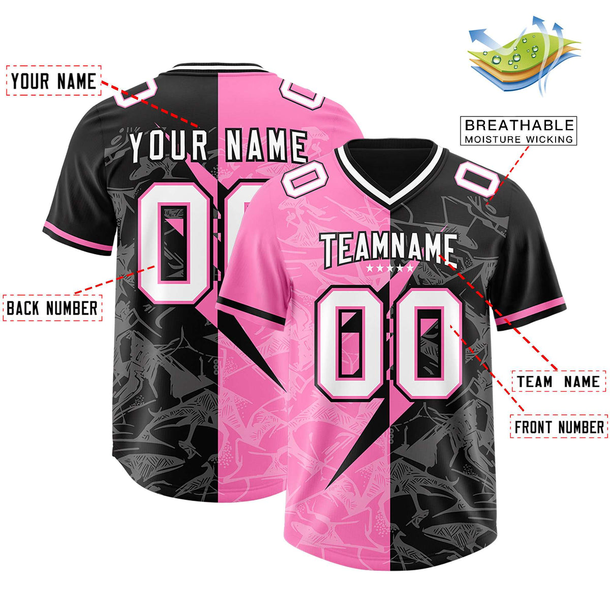 Custom Black Pink Split Personalized Lightning Pattern Football Jersey