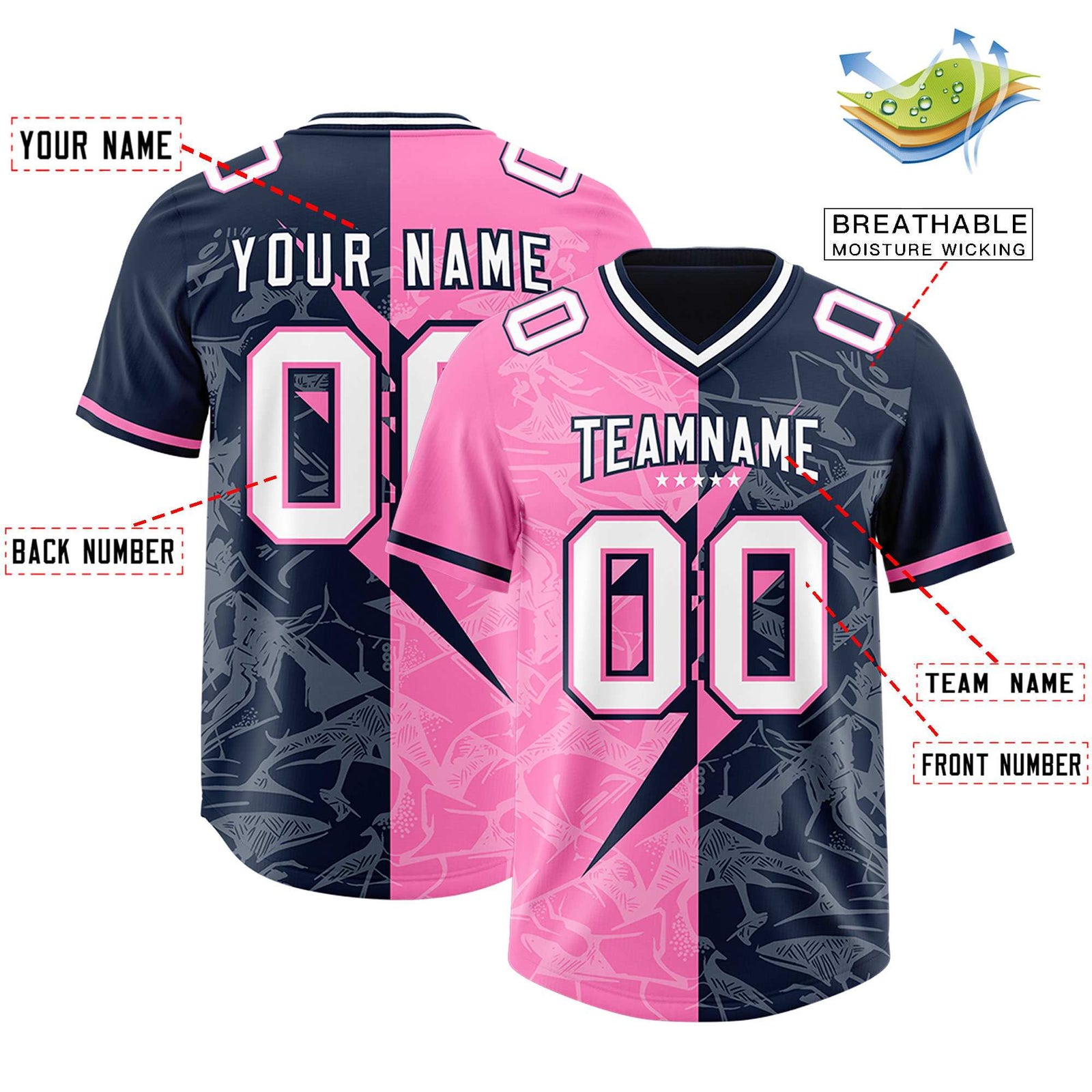 Custom Navy Pink Split Personalized Lightning Pattern Football Jersey
