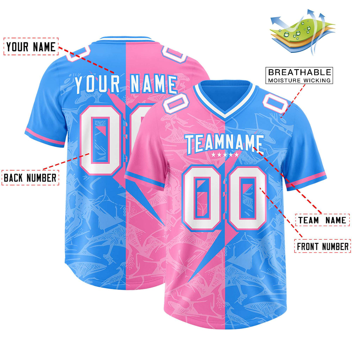 Custom Light Blue Pink Split Personalized Lightning Pattern Football Jersey