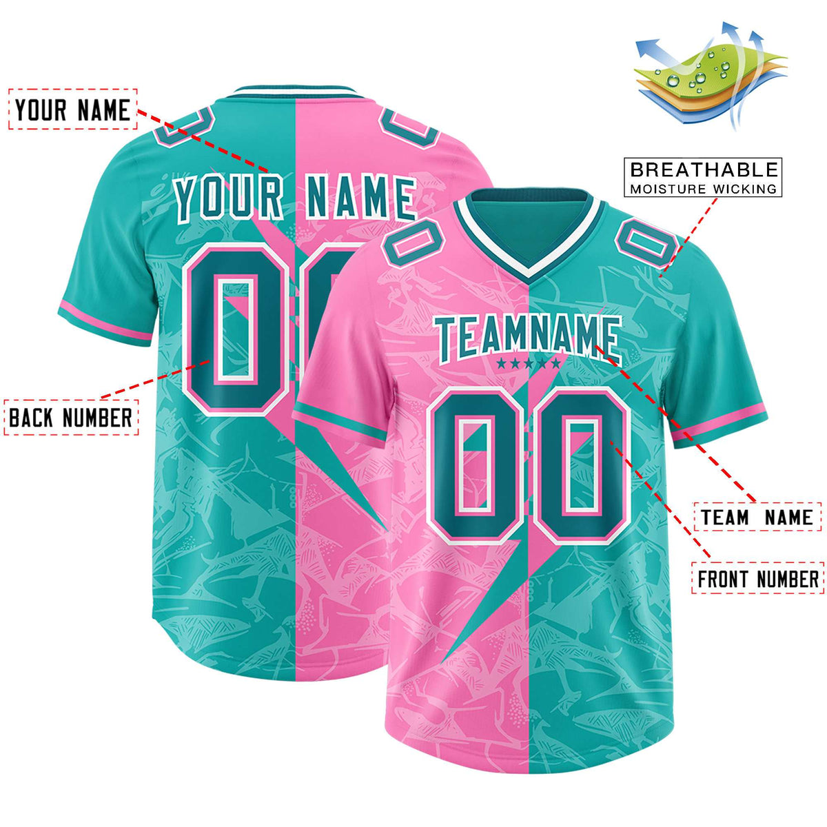 Custom Aqua Pink Split Personalized Lightning Pattern Football Jersey