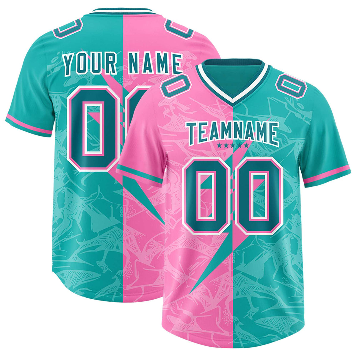 Custom Aqua Pink Split Personalized Lightning Pattern Football Jersey