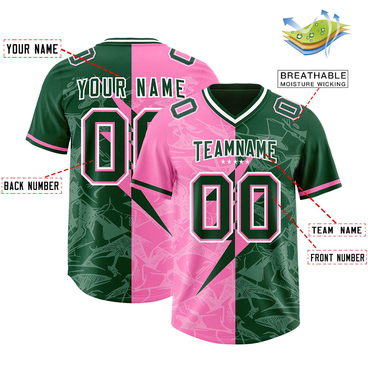 Custom Pink Green Split Personalized Lightning Pattern Football Jersey