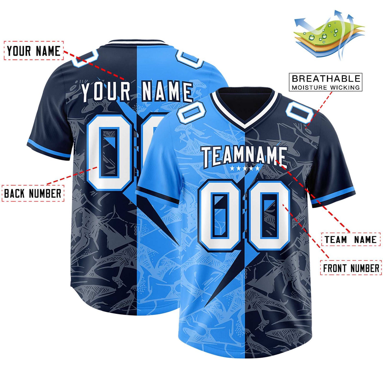 Custom Navy Light Blue Split Personalized Lightning Pattern Football Jersey