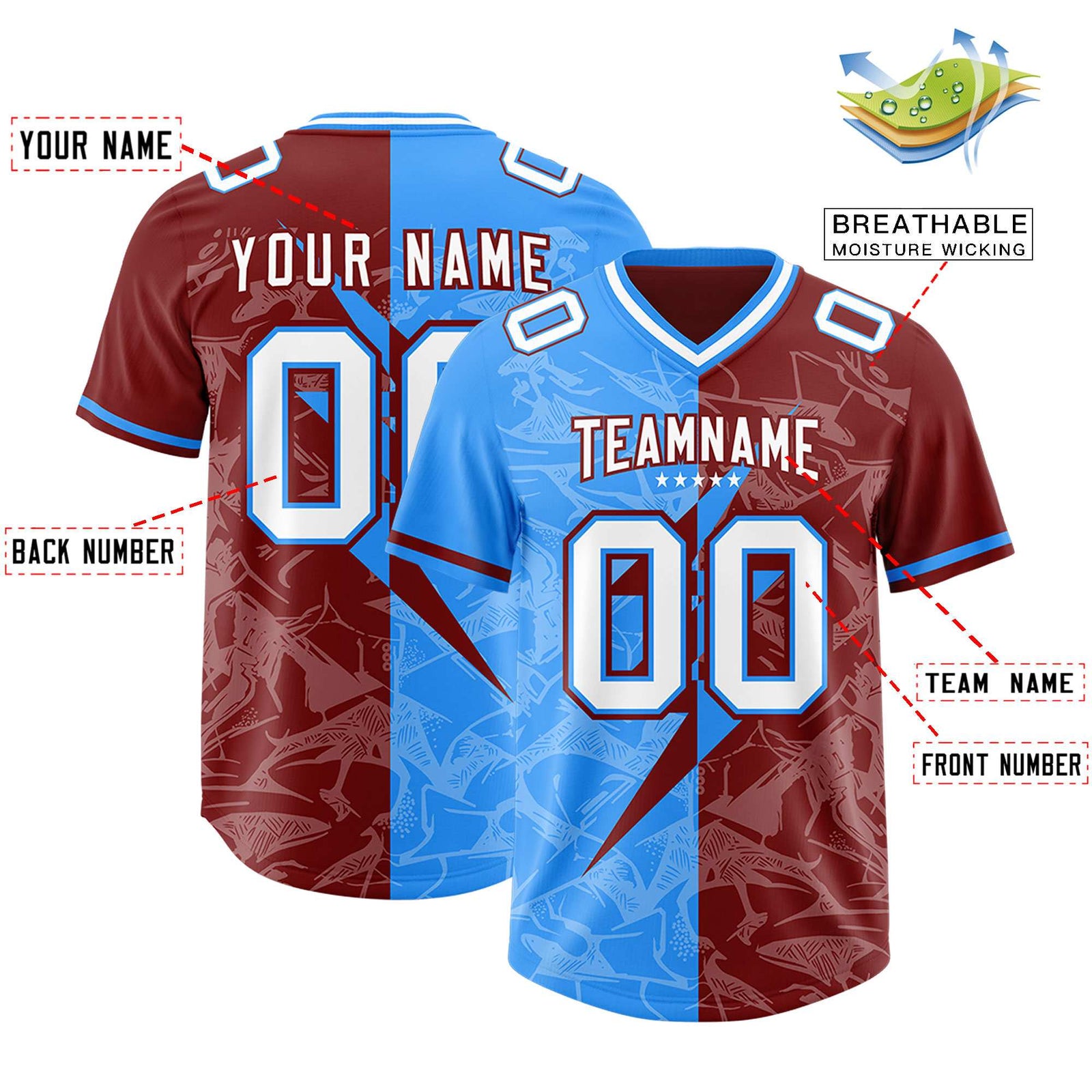 Custom Crimson Light Blue Split Personalized Lightning Pattern Football Jersey