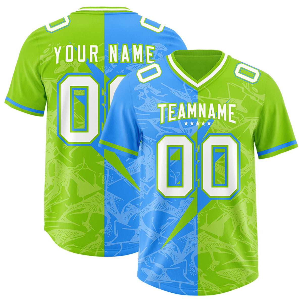 Custom Neon Green Light Blue Split Personalized Lightning Pattern Football Jersey