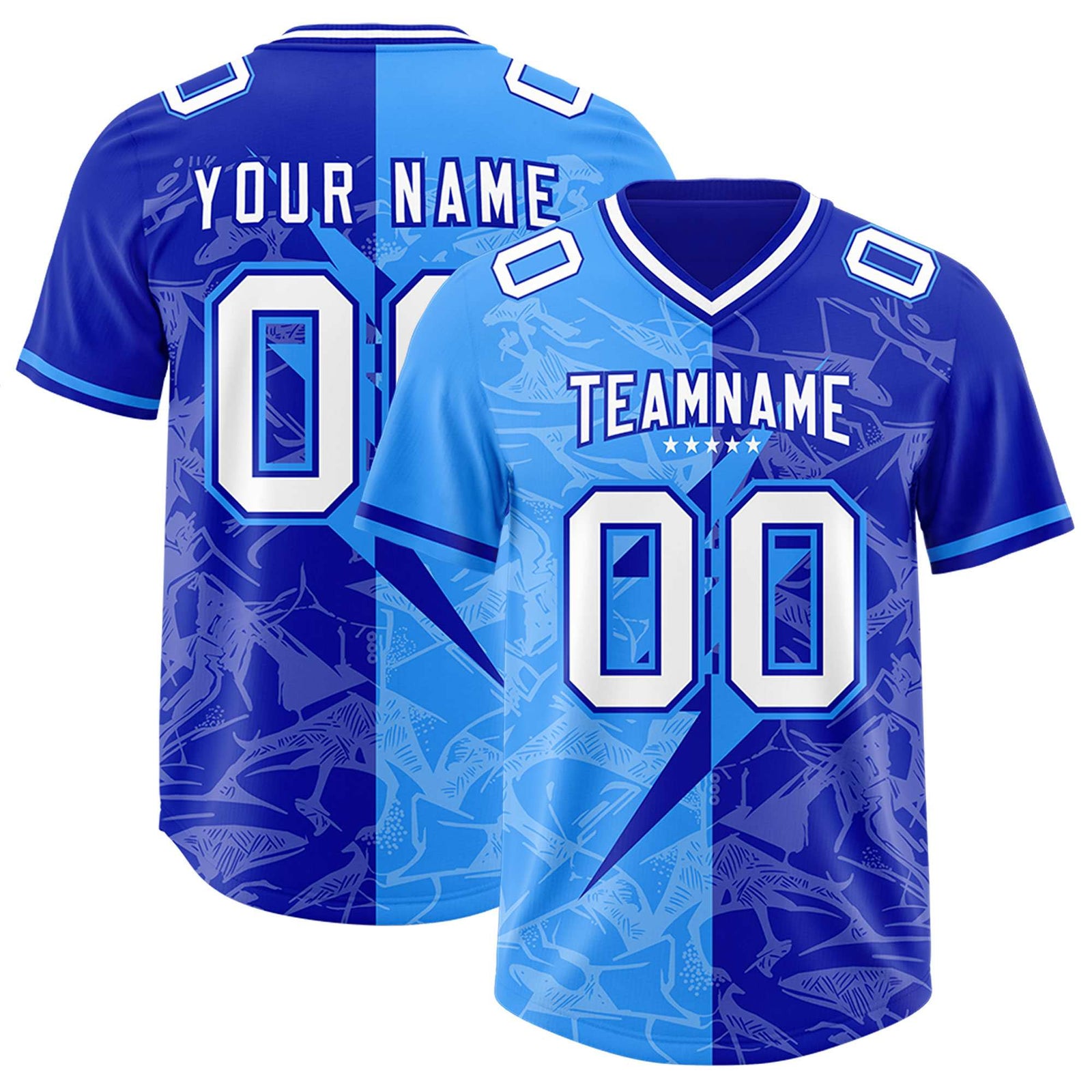 Custom Royal Light Blue Split Personalized Lightning Pattern Football Jersey