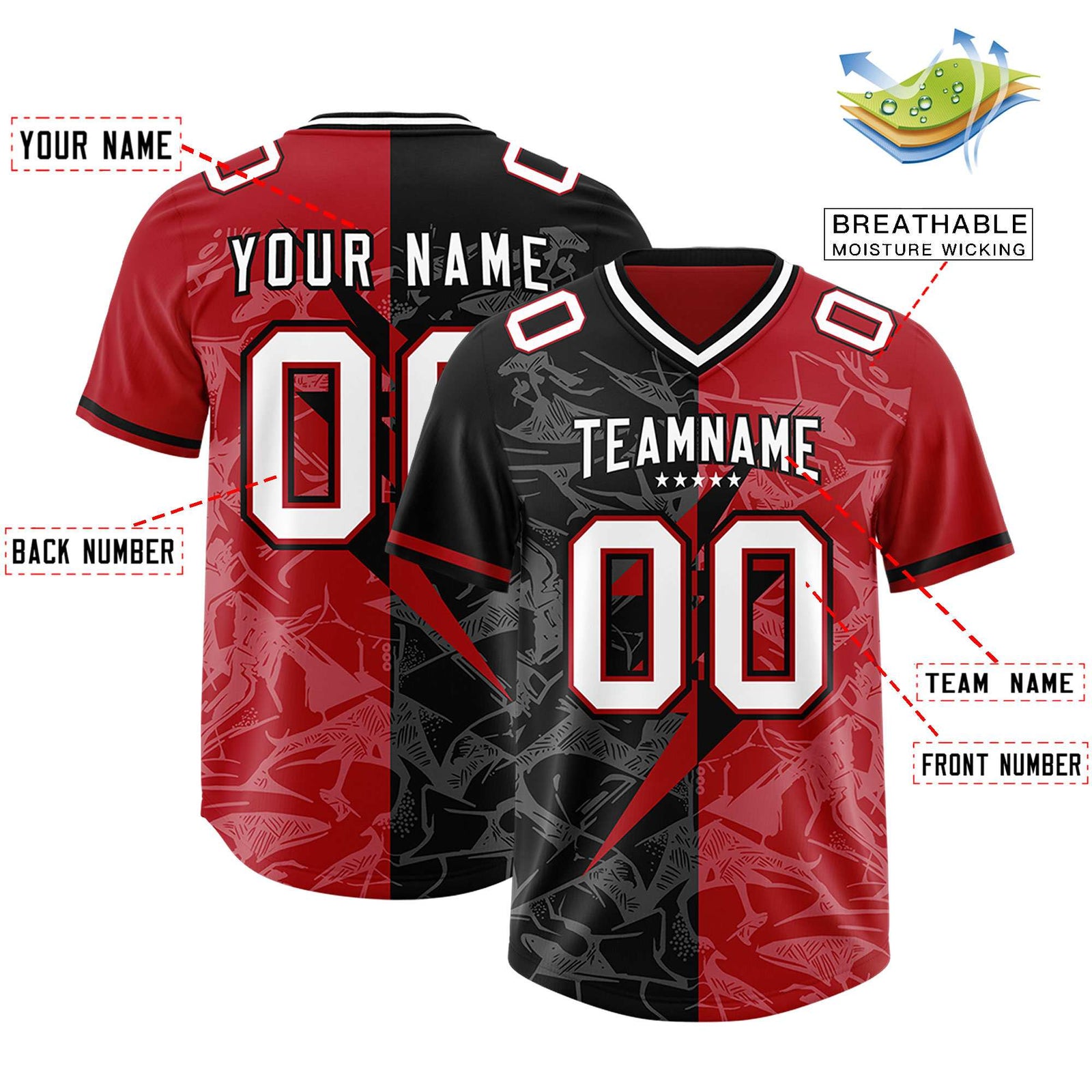 Custom Black Red Split Personalized Lightning Pattern Football Jersey