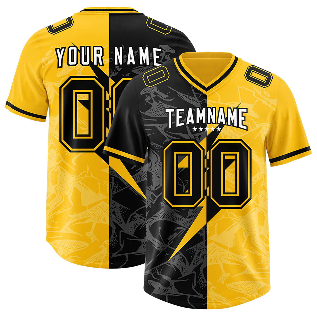 Custom Yellow Black Split Personalized Lightning Pattern Football Jersey
