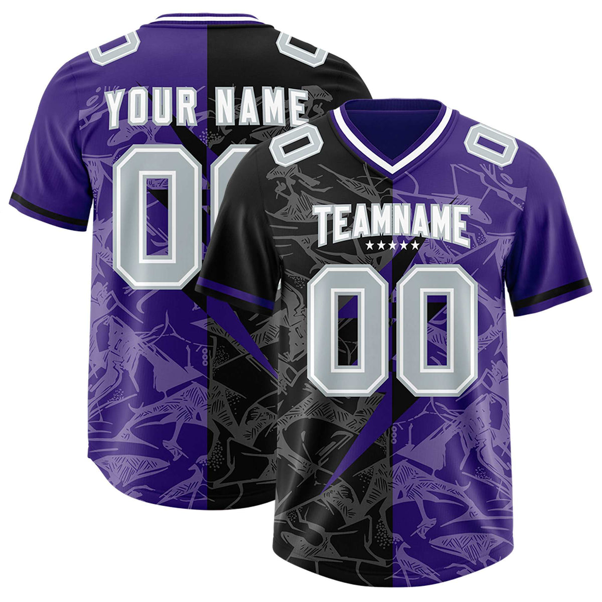 Custom Purple Black Split Personalized Lightning Pattern Football Jersey