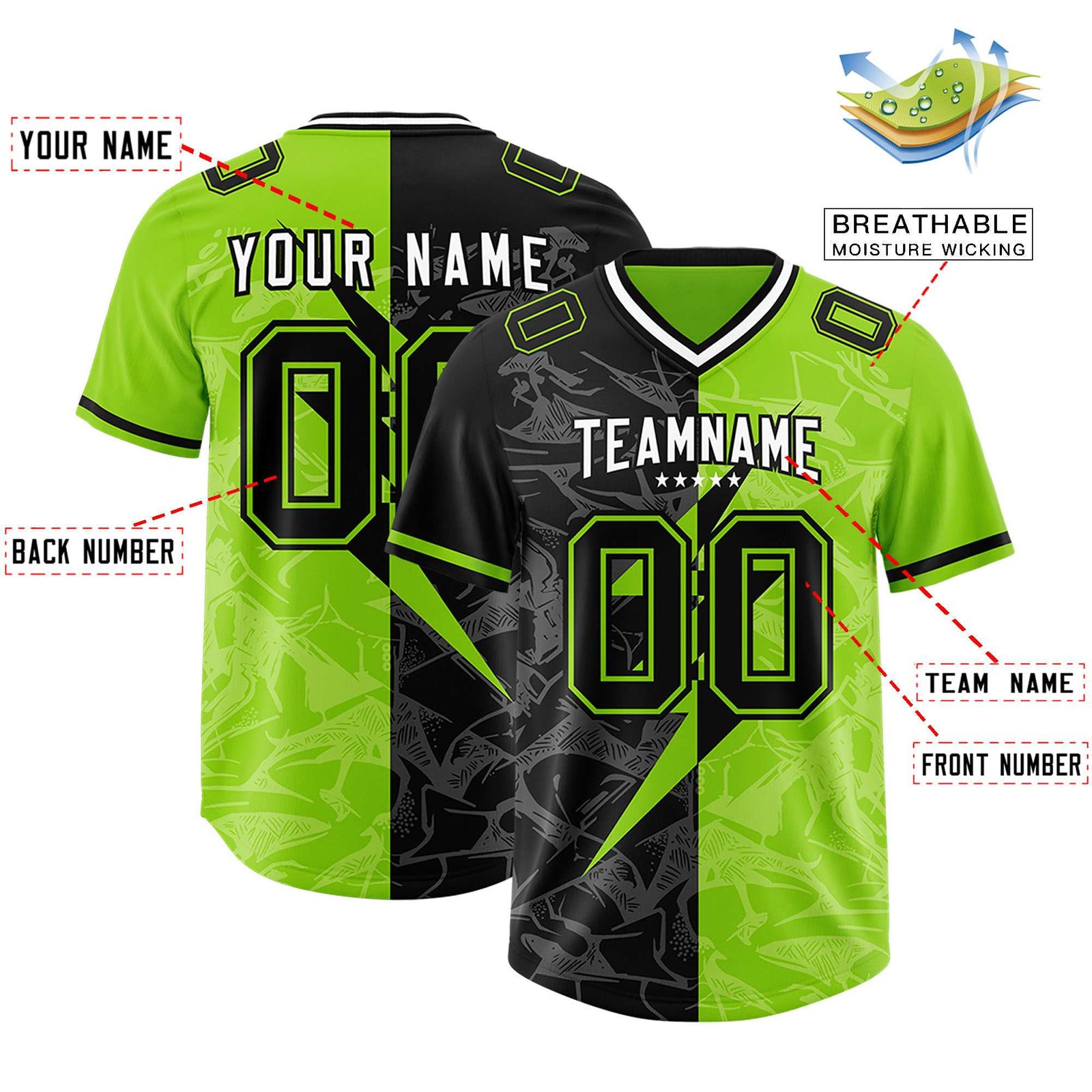 Custom Neon Green Black Split Personalized Lightning Pattern Football Jersey