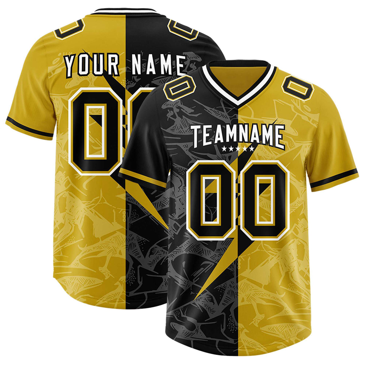 Custom Old Gold Black Split Personalized Lightning Pattern Football Jersey