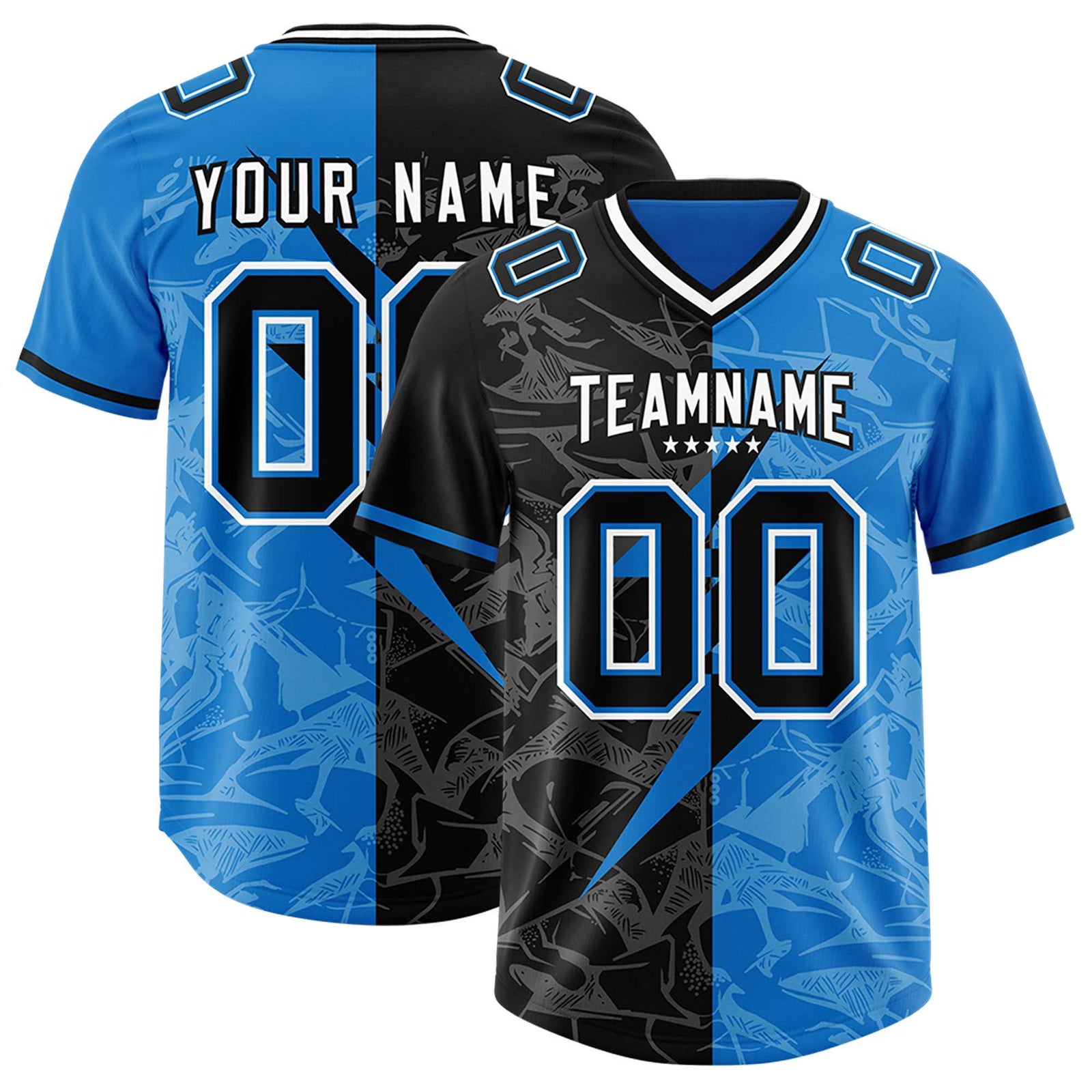 Custom Panther Blue Black Split Personalized Lightning Pattern Football Jersey