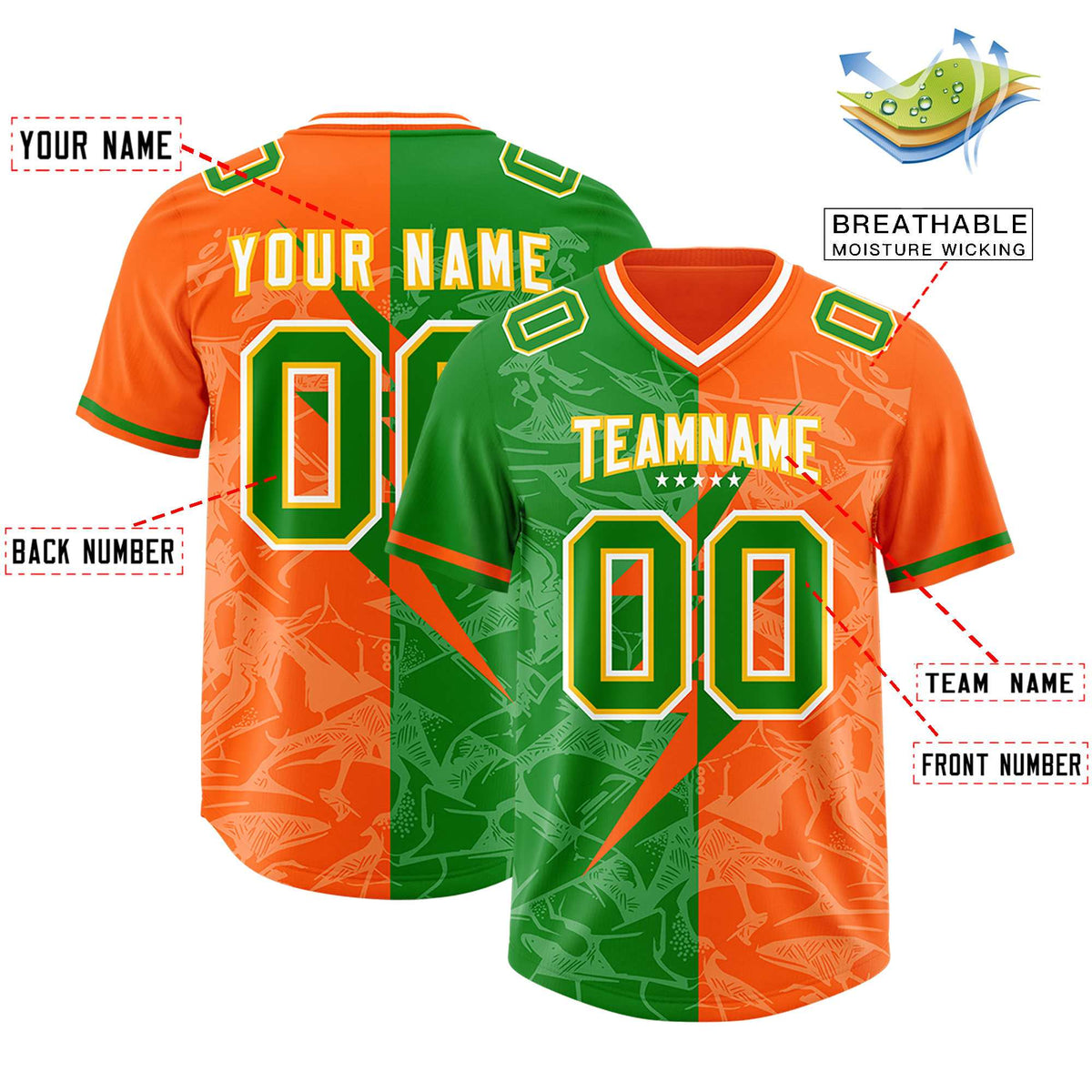 Custom Orange Kelly Green Split Personalized Lightning Pattern Football Jersey