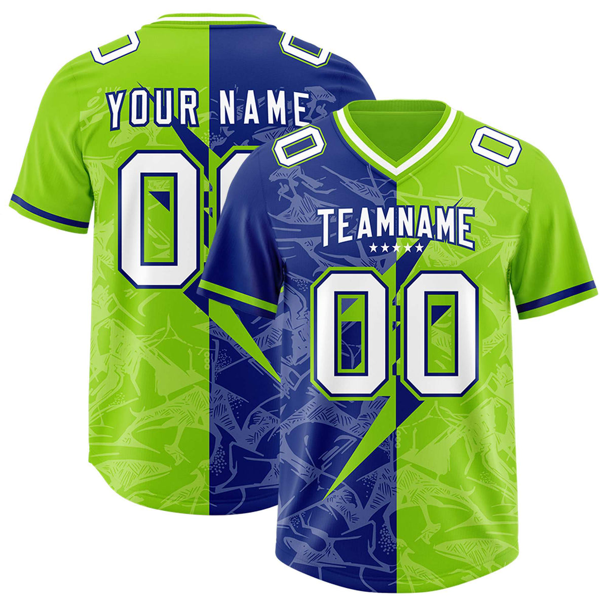 Custom Royal Neon Green Split Personalized Lightning Pattern Football Jersey