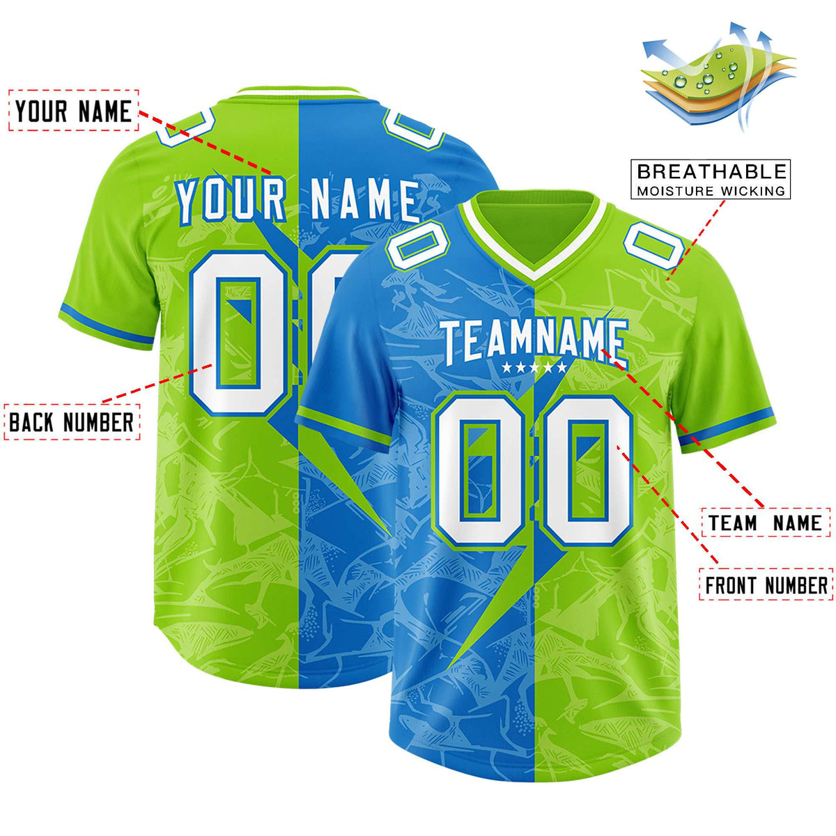 Custom Neon Green Panther Blue Split Personalized Lightning Pattern Football Jersey