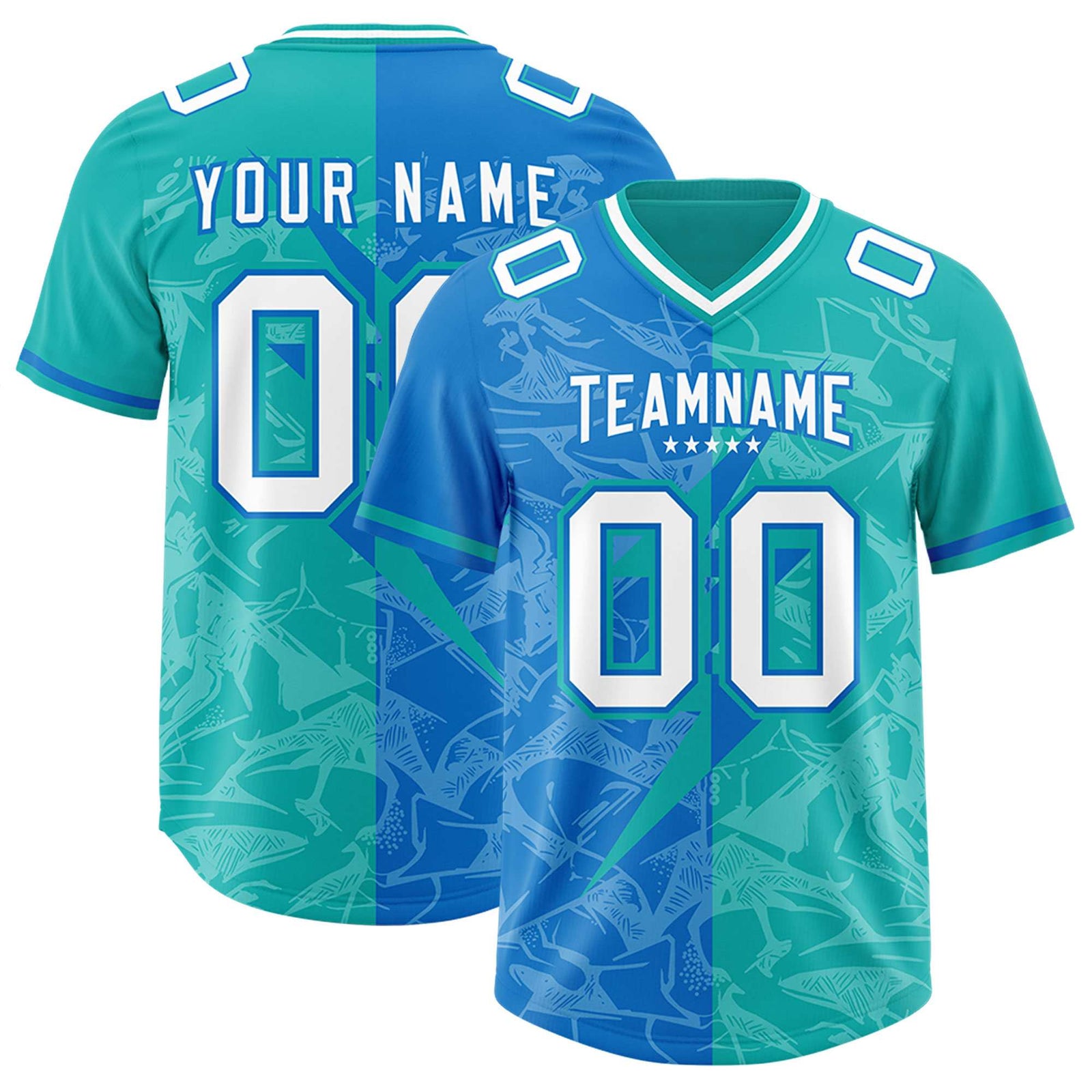 Custom Panther Blue Aqua Split Personalized Lightning Pattern Football Jersey
