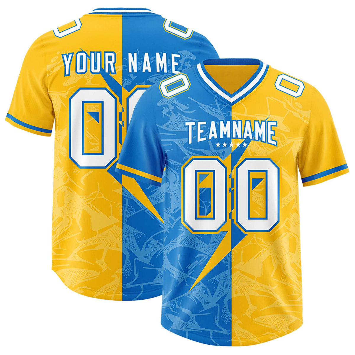 Custom Panther Blue Gold Split Personalized Lightning Pattern Football Jersey