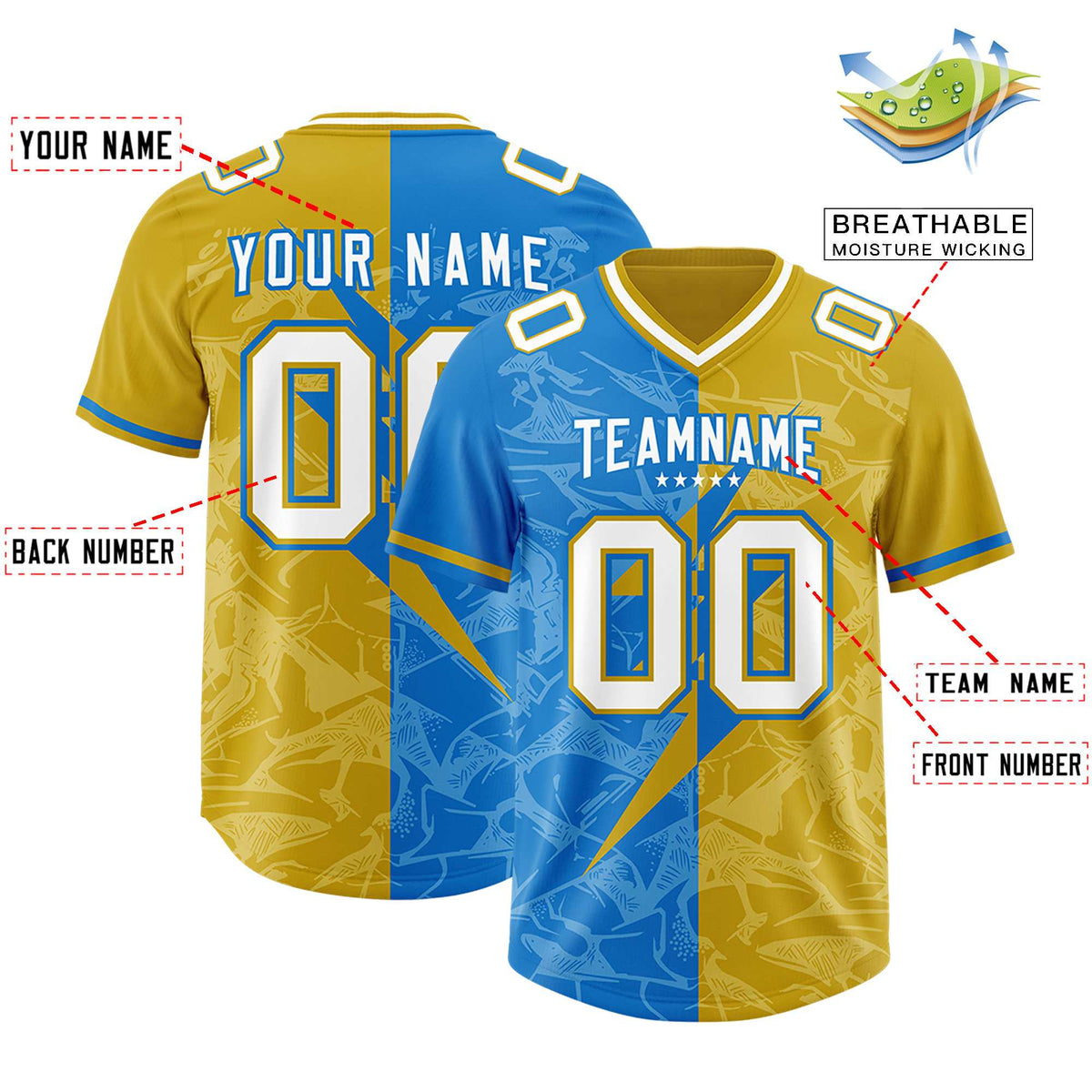 Custom Panther Blue Old Gold Split Personalized Lightning Pattern Football Jersey