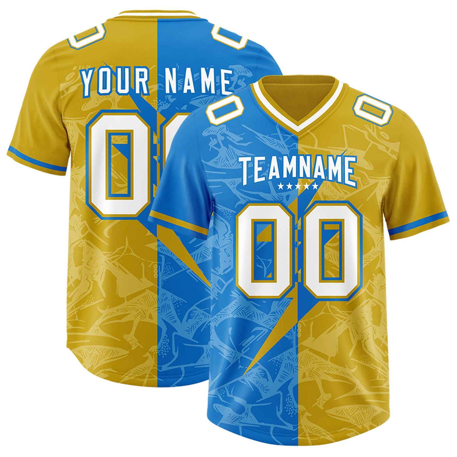 Custom Panther Blue Old Gold Split Personalized Lightning Pattern Football Jersey