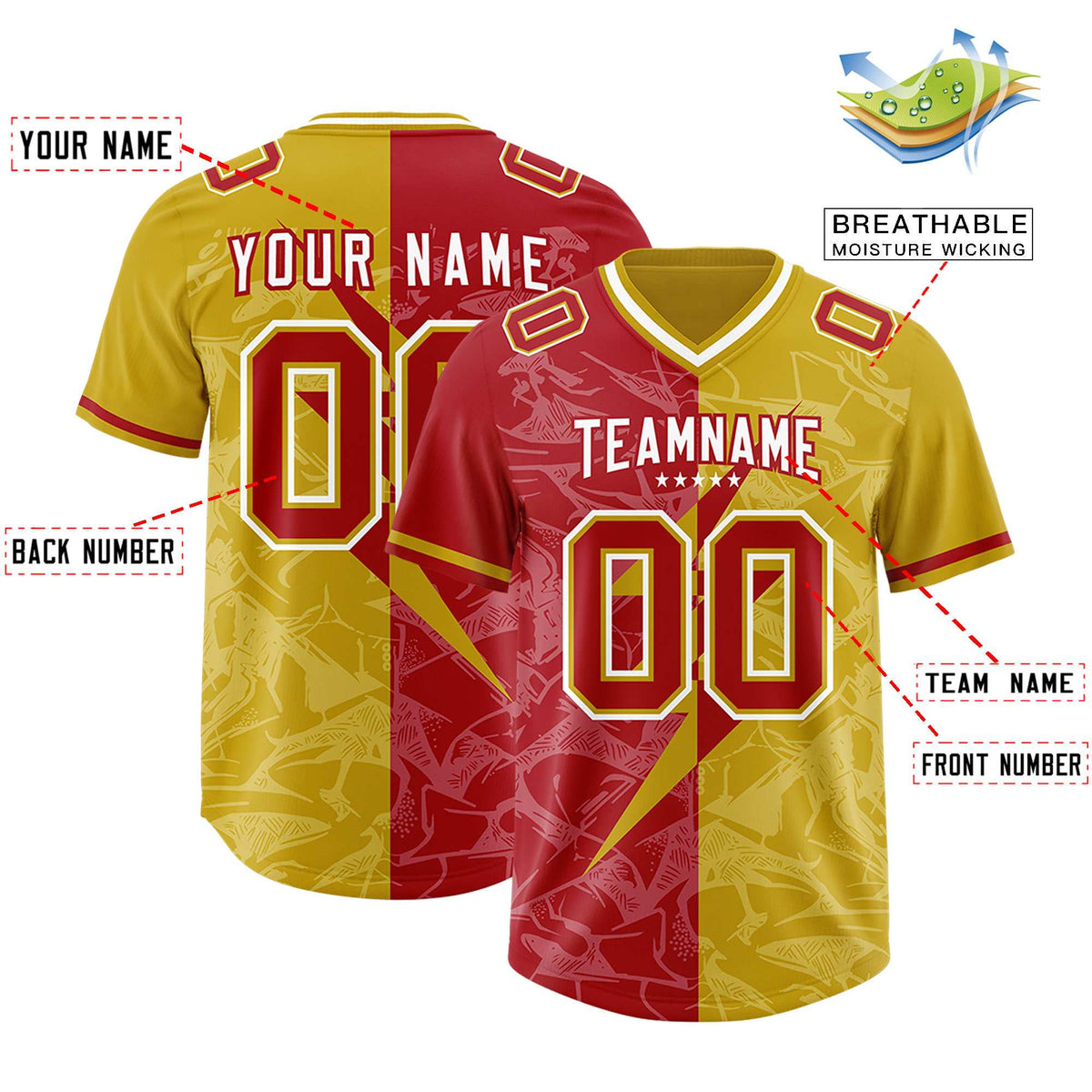 Custom Old Gold Red Split Personalized Lightning Pattern Football Jersey