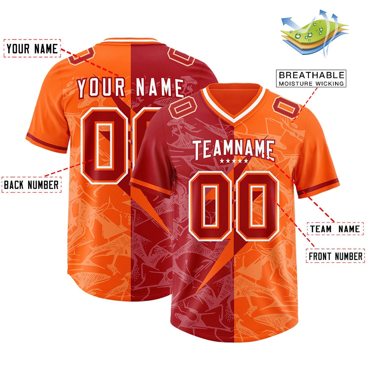 Custom Red Orange Split Personalized Lightning Pattern Football Jersey